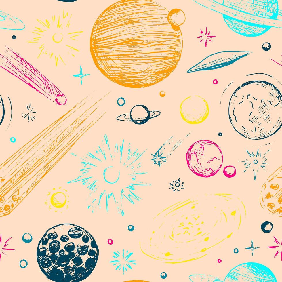 Cosmic space seamless pattern. Abstract ornament of planets, stars, comets, asteroids, galaxies. Hand drawn vector astronomy illustrations.