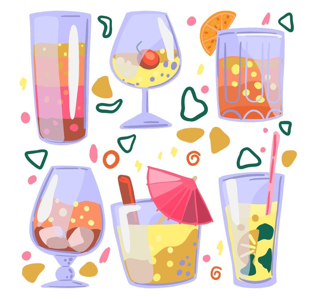 brillante cócteles colocar. mano dibujado vector ilustraciones. vistoso clipart colección en dibujos animados estilo. bebidas en lentes. resumen elementos para verano diseño, imprimir, envase, decoración, tarjeta, pegatinas