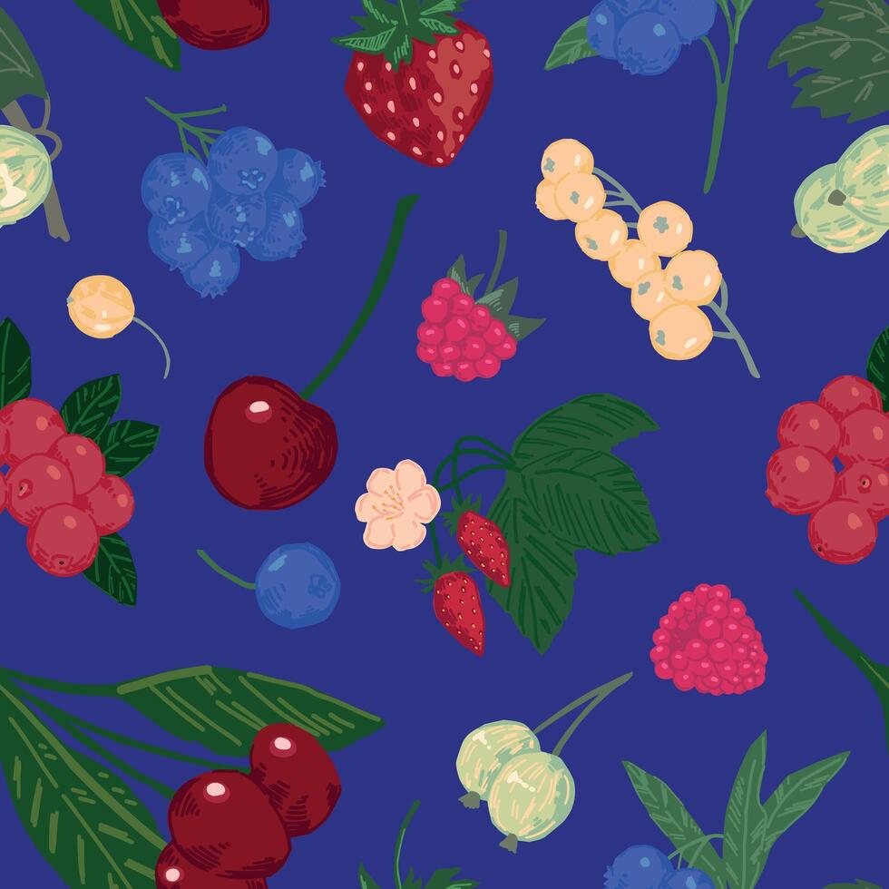 Seamless pattern of different berries. Summer fruit berry ornament. Cartoon flat vector illustration. Fresh abstract design.