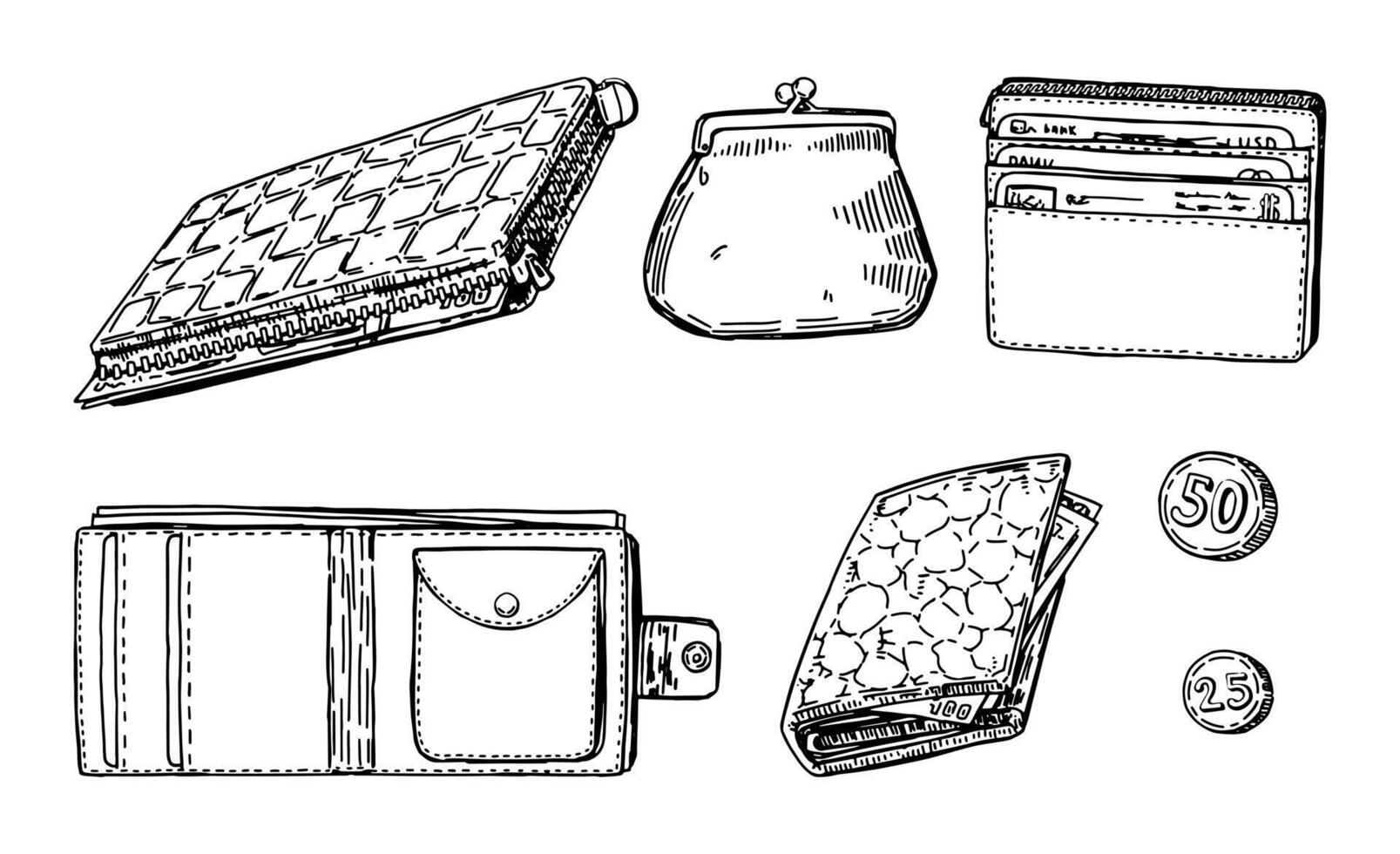 Set of wallets sketches. Hand drawn vector illustrations of purses, pocket holder for money and plastic cards. Outline cliparts isolated on white background.