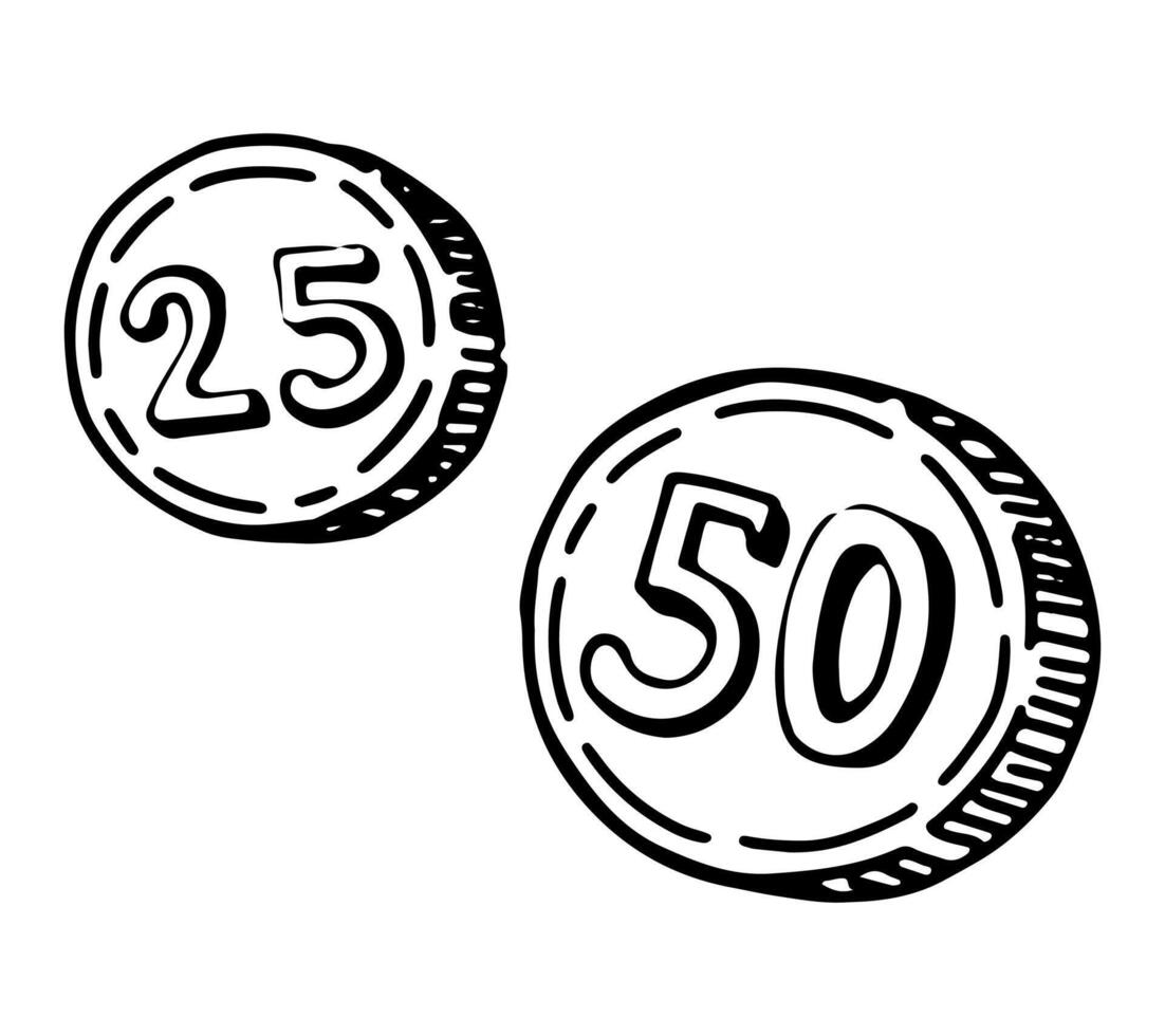 25 and 50 coins sketch. Hand drawn vector illustration of money. Outline clipart isolated on white background.