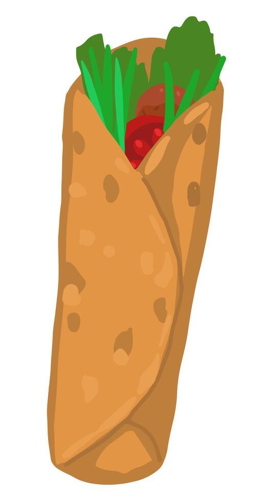 Burrito pita bread filled with meat and vegetables. Mexican fast food single doodle. Hand drawn vector illustration in flat style. Cartoon clipart isolated on white background.