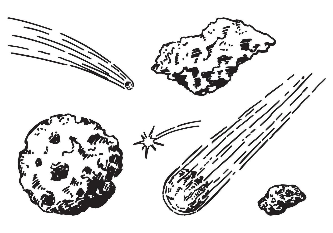 cósmico espacio garabatos colocar. contorno dibujos de meteorito, cometas, asteroides astronomía Ciencias bocetos mano dibujado vector ilustración aislado en blanco.
