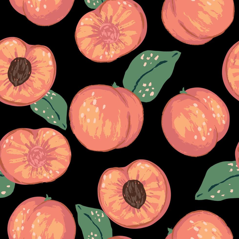 Seamless pattern of peaches in modern style. Vector contemporary ornament of fresh tasty fruits.