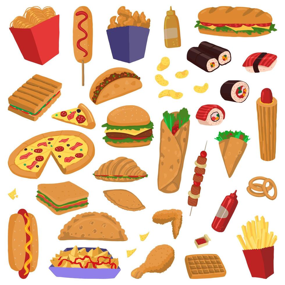 conjunto de rápido comida garabatos colección de variado delicioso alimento. mano dibujado vector ilustración en plano estilo. dibujos animados clipart aislado en blanco antecedentes.