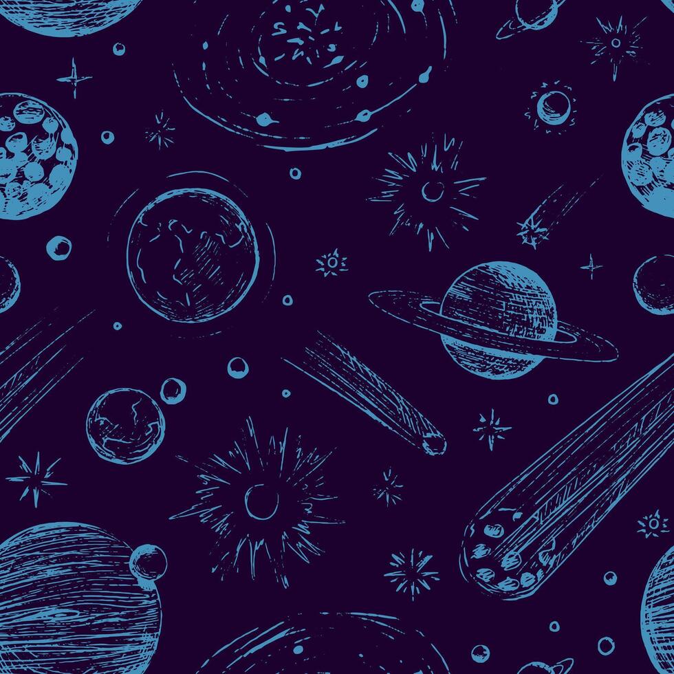 Cosmic space seamless pattern. Abstract ornament of planets, stars, comets, asteroids, galaxies. Hand drawn vector astronomy illustrations.