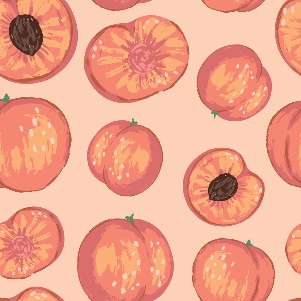 Seamless pattern of peaches in modern style. Vector contemporary ornament of fresh tasty fruits.