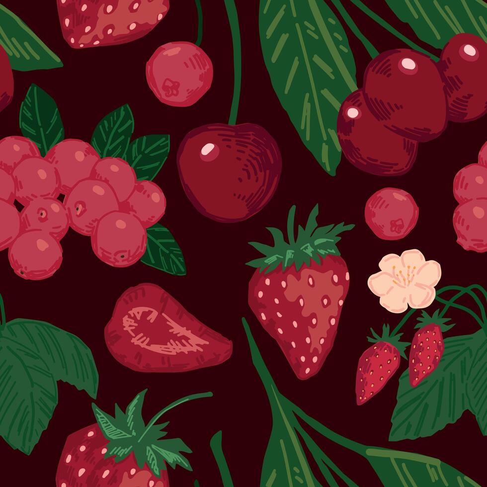 Seamless pattern of red berries. Summer fruit berry ornament. Cartoon flat vector illustration. Fresh abstract design.