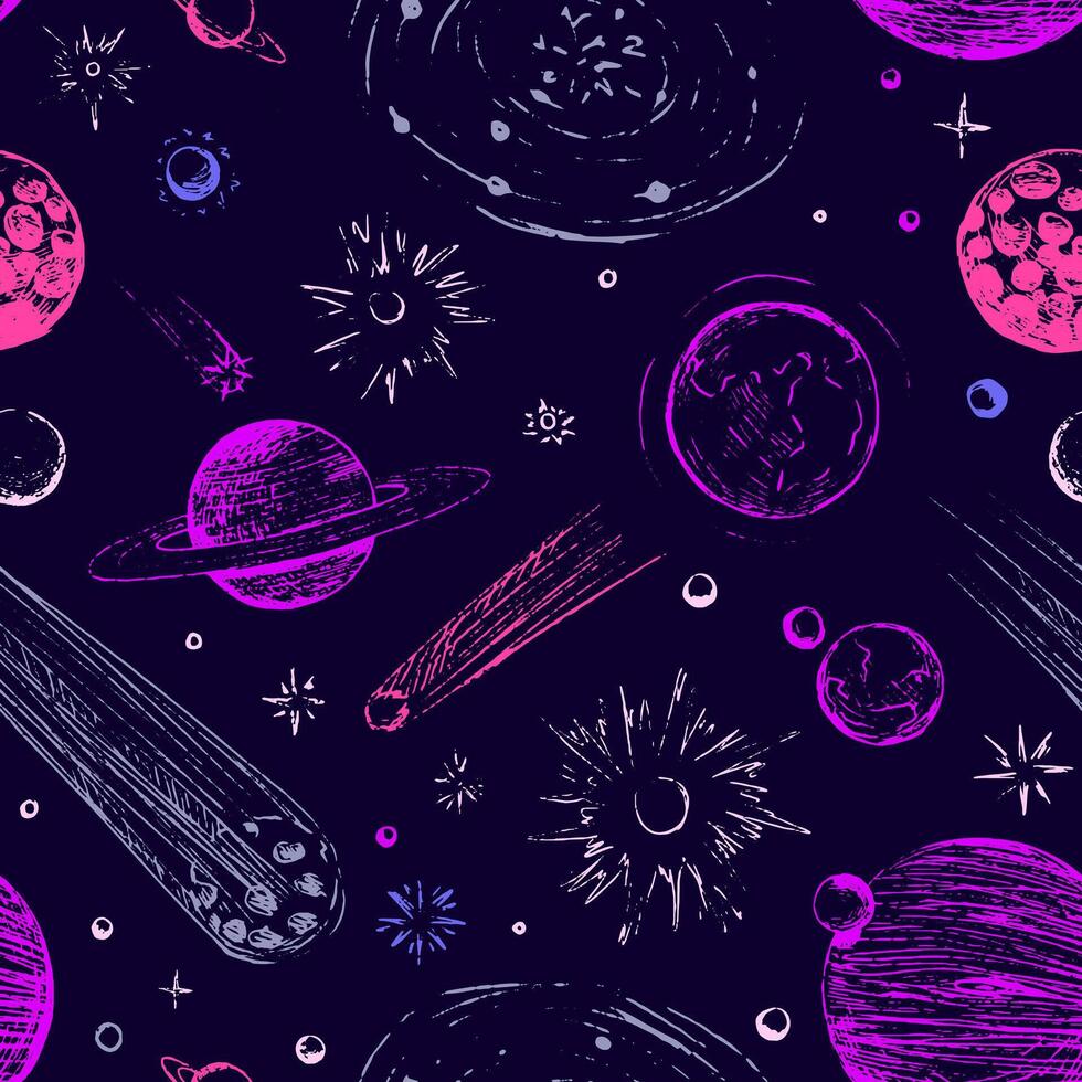 Cosmic space seamless pattern. Abstract ornament of planets, stars, comets, asteroids, galaxies. Hand drawn vector astronomy illustrations.