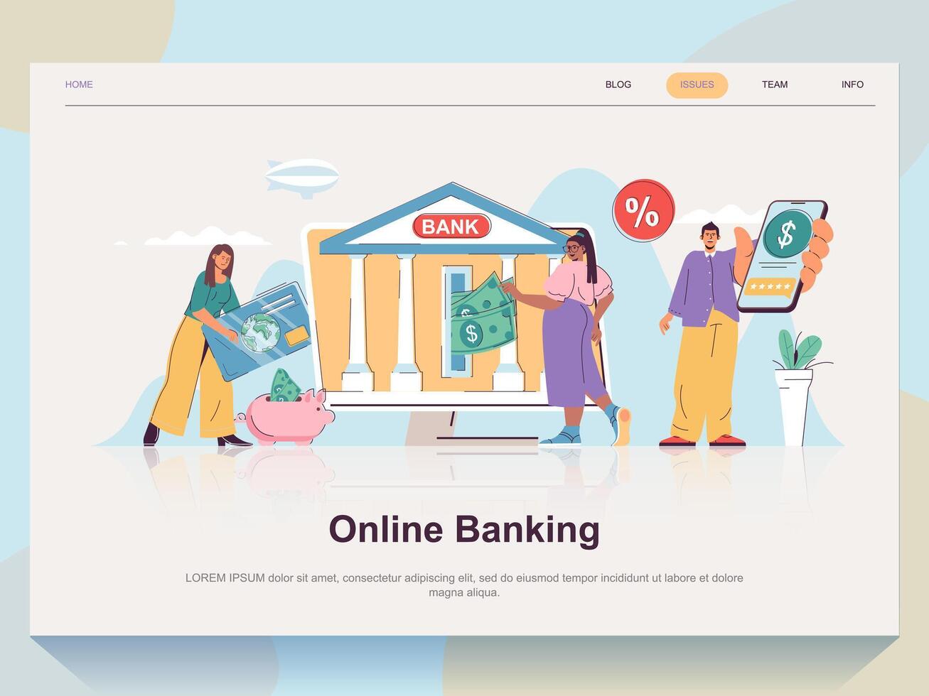 Online banking web concept for landing page in flat design. Man and woman using computer and mobile app for accounting and balance control. Vector illustration with people scene for website homepage