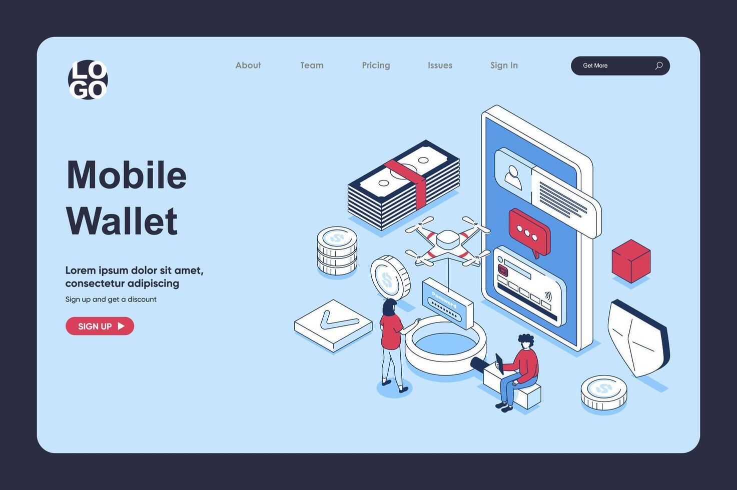 Mobile wallet app concept in 3d isometric design for landing page template. People managing personal financial accounts and credit cards, using online banking service. Vector illustration for web