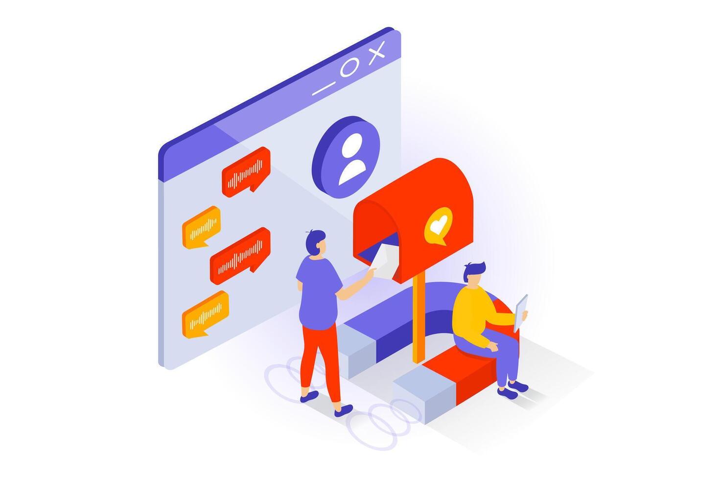 Social media concept in 3d isometric design. People connecting online, sending emails with virtual mailbox, chatting with audio voice messages. Vector illustration with isometry scene for web graphic