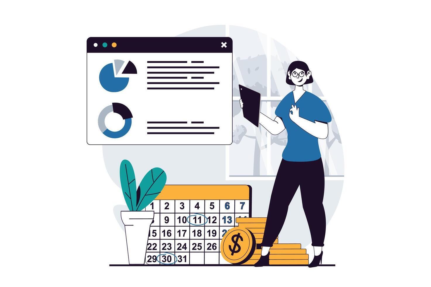 Business making concept with people scene in flat design for web. Woman planning strategy, analysis graph, making tasks in calendar. Vector illustration for social media banner, marketing material.