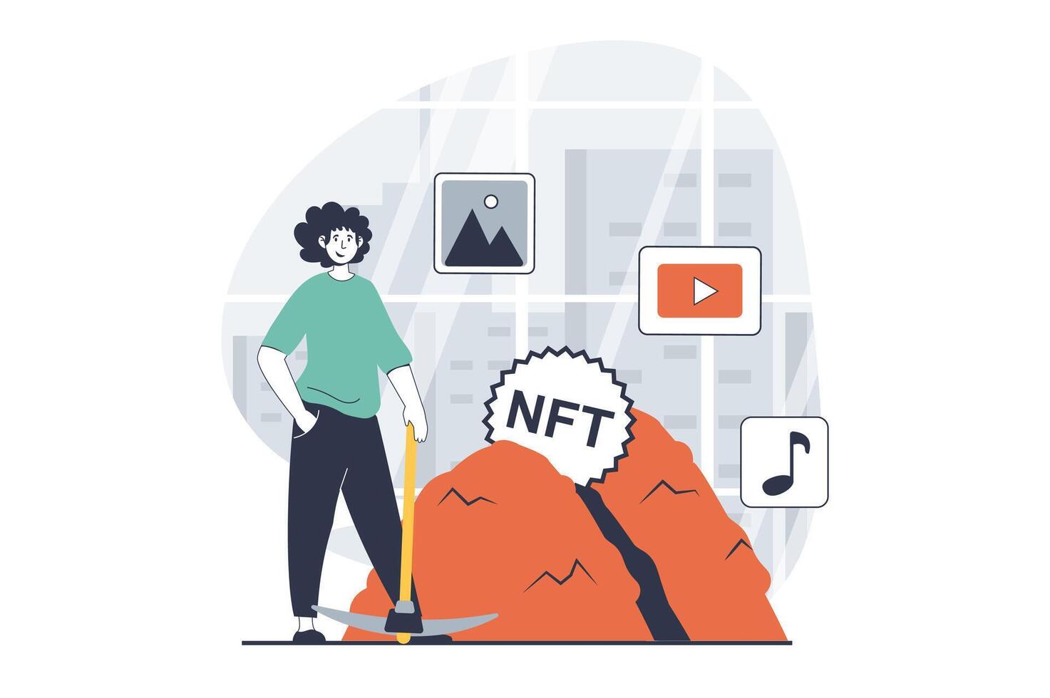NFT token concept with people scene in flat design for web. Man with pickaxe creating digital content with non fungible token for sell. Vector illustration for social media banner, marketing material.