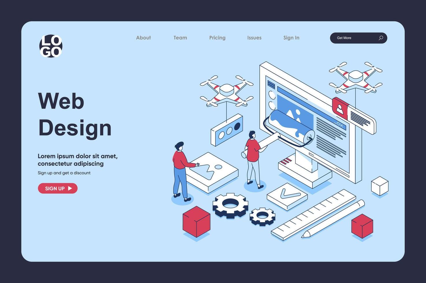 Web design concept in 3d isometric design for landing page template. People creating pages layouts, drawing content elements, making homepages, programming and settings. Vector illustration for web