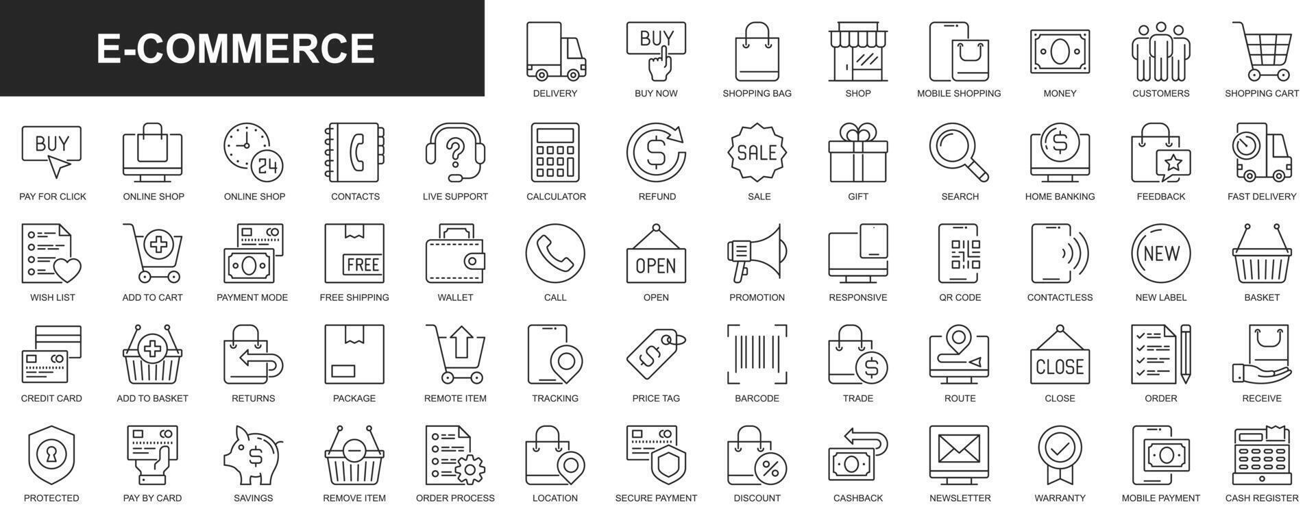 E-commerce web icons set in thin line design. Pack of mobile shopping, delivery, payment, feedback, add to cart, wish list, refund, sales, tracking package and other. Vector outline stroke pictograms