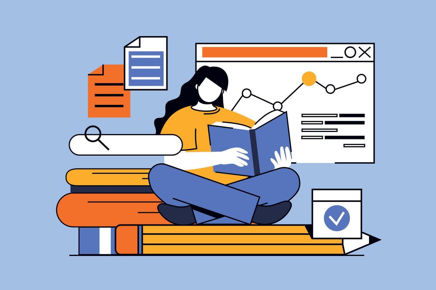 Back to school concept with people scene in flat design for web. Student reads books, makes homework with textbook, preparing to exam. Vector illustration for social media banner, marketing material.