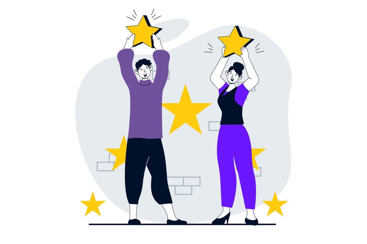 Feedback page concept with people scene in flat design for web. Happy man and woman holding stars and giving best assessment rating. Vector illustration for social media banner, marketing material.