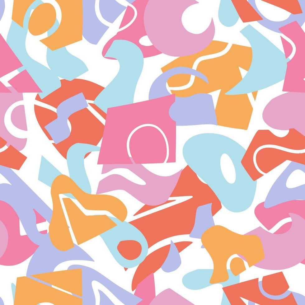Abstract contemporary ornament. Vector seamless pattern of geometric cut out shapes and simple doodles. Design in pastel colors.