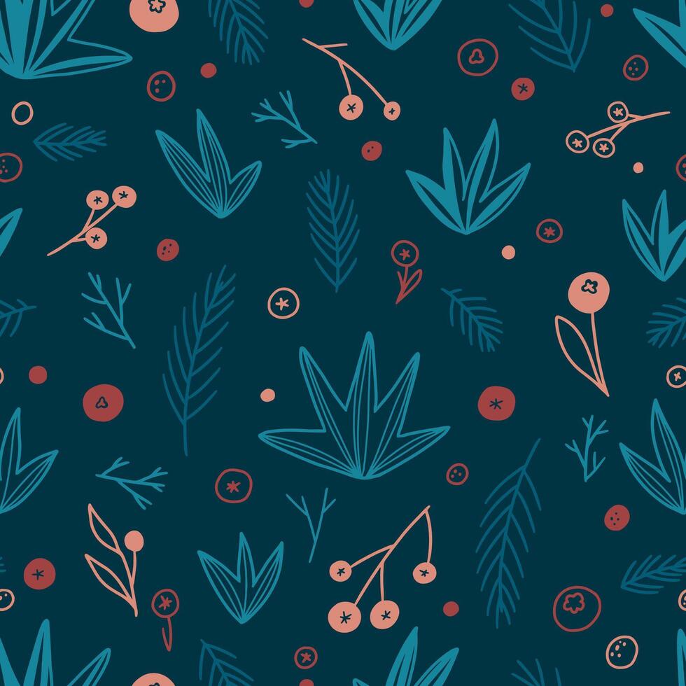 Floral hand drawn vector seamless pattern. Abstract background with branches, berry, plants. Botanical ornament in doodles style.