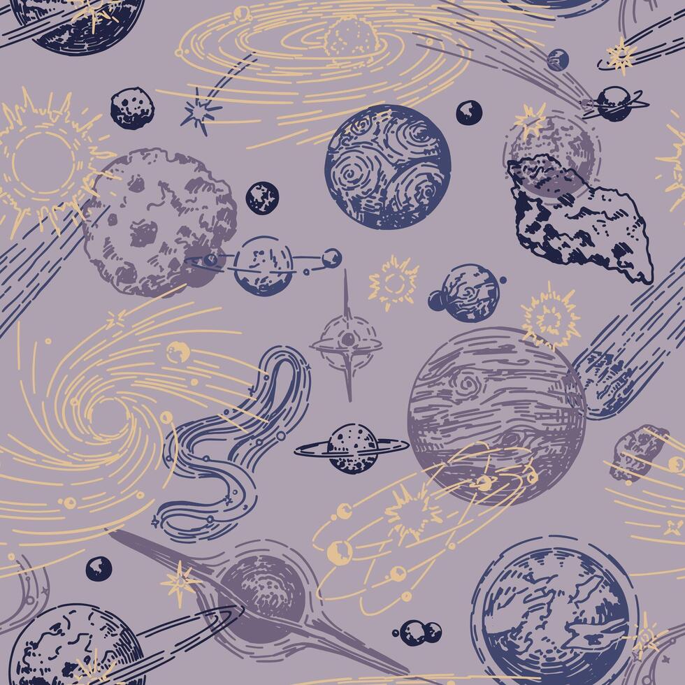 Cosmic space seamless pattern. Abstract ornament of planets, stars, comets, asteroids, galaxies. Hand drawn vector astronomy illustrations.