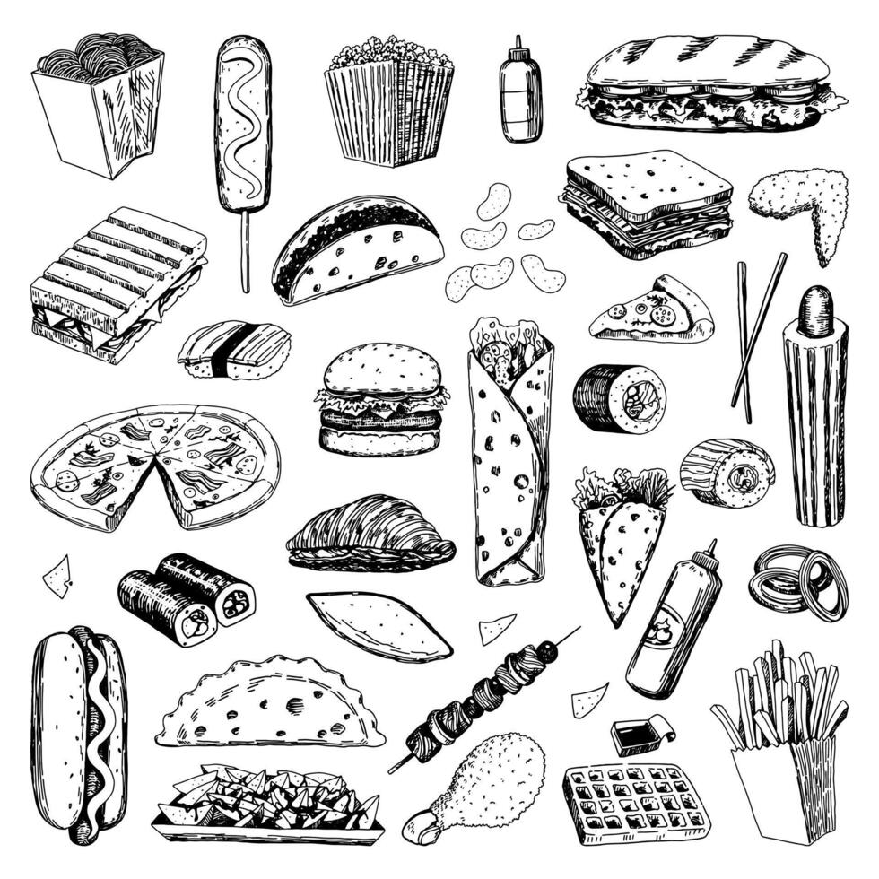 Set of fast food sketches. Collection of varied delicious food. Hand drawn vector illustration in retro style. Outline cliparts isolated on white background.