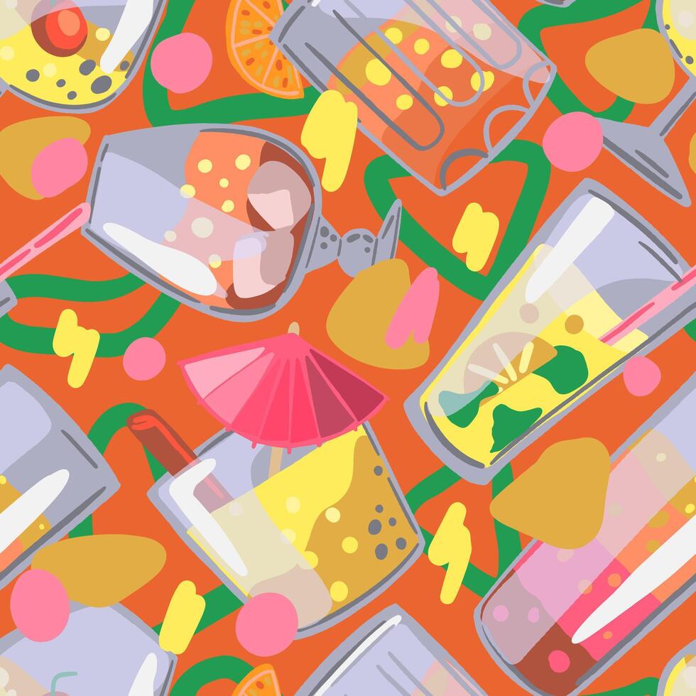 Bright cocktails, beverages in glasses seamless pattern. Colorful ornament in cartoon style. Abstract design for summer print, wrap, decor, fabric, textile, background, wallpapers. vector