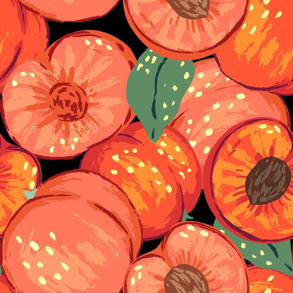 Seamless pattern of peaches in modern style. Vector illustration of fresh tasty fruits with leaves. Bright contemporary ornament. Design for decor, wallpaper, background, textile.