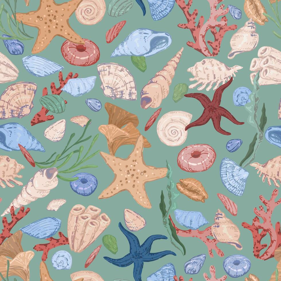 Starfishes, shells, stones, seaweed, coral, sea ornament. Abstract vector seamless pattern of underwater life.