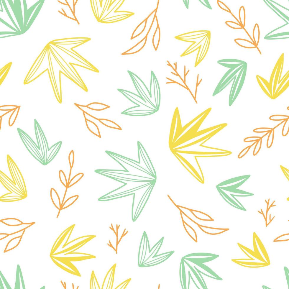 Floral hand drawn vector seamless pattern. Abstract background with branches, leaf, plants. Botanical ornament in doodles style.