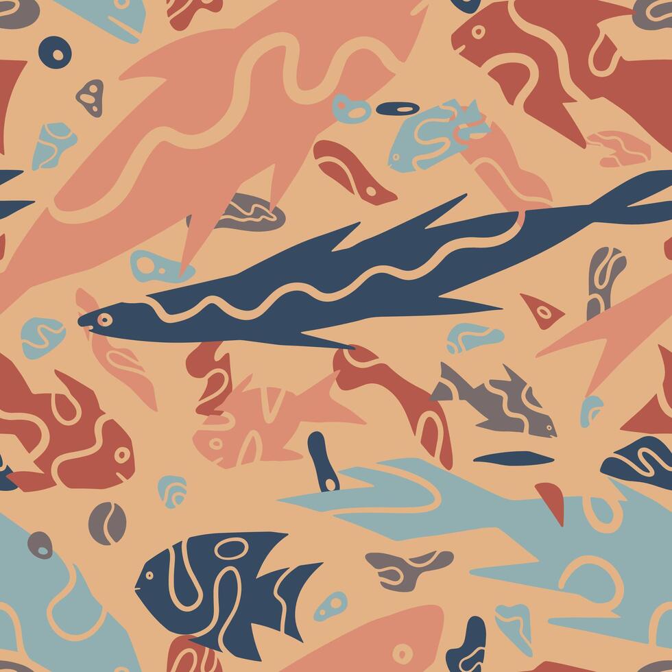 Abstract fishes simple geometric style ornament. Seamless pattern of underwater sea creatures in primitive art style. Hand drawn vector illustration.