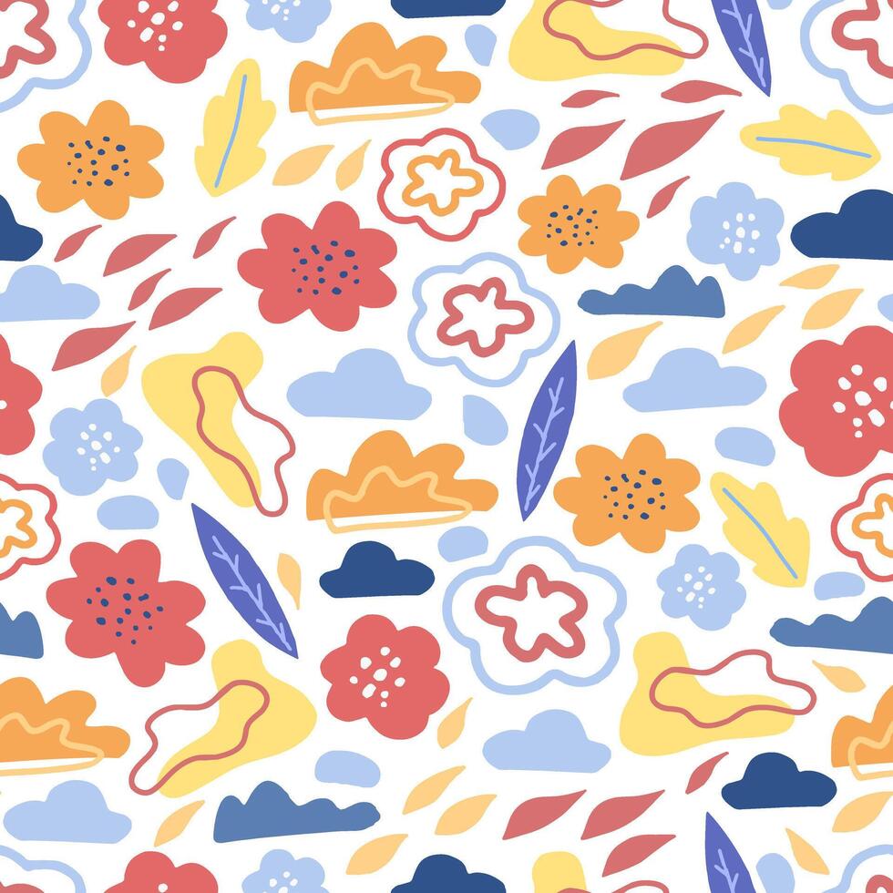 Flat floral abstract shapes. Hand drawn vector seamless pattern. Colorful background in retro style 90's. Universal simple design for prints, wallpapers, wrapping, paper, textile, fabric, decor, card.