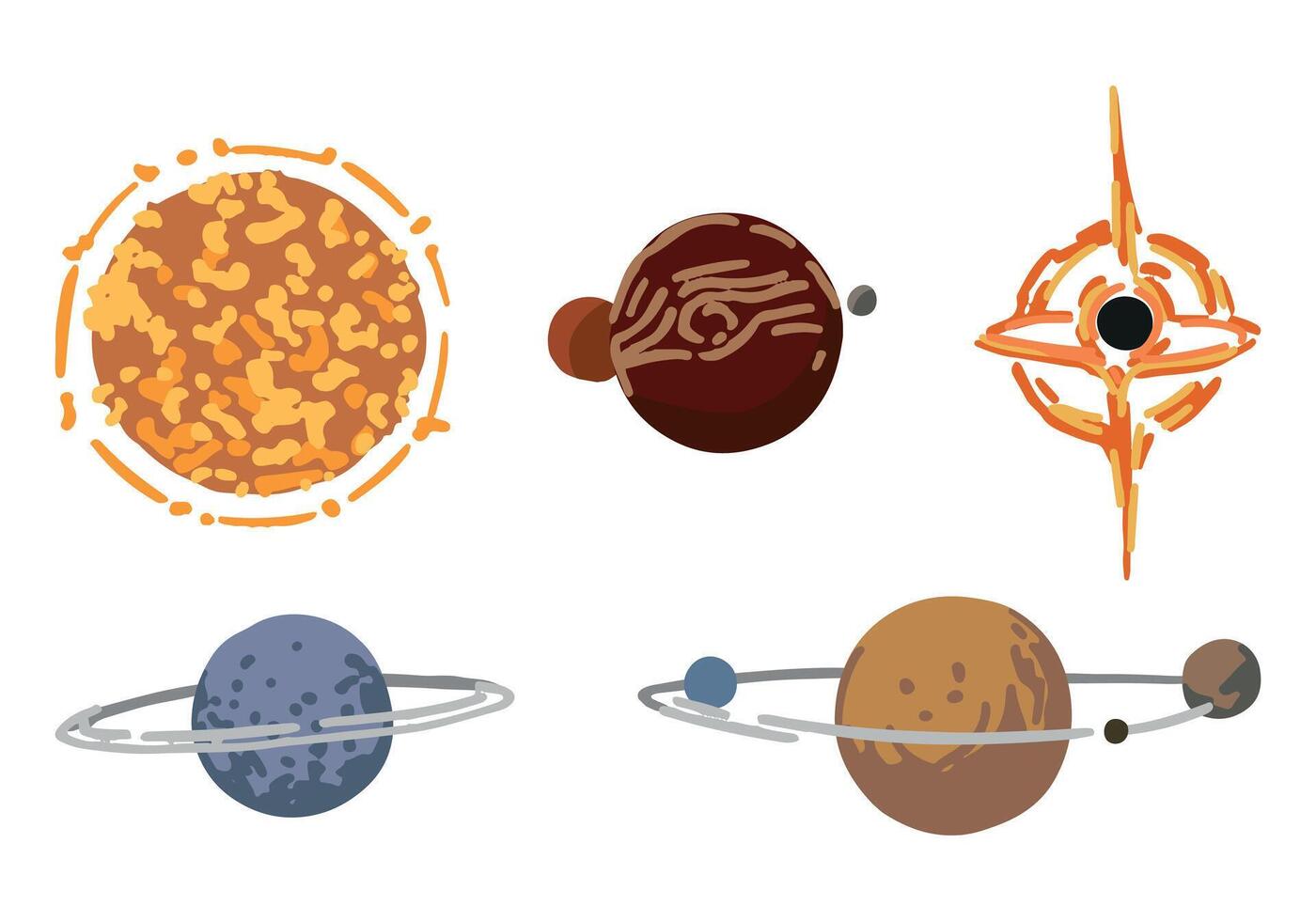 Cosmic space doodles set. Cartoon drawings of different planets. Astronomy science colored clipart. Hand drawn vector illustration isolated on white.