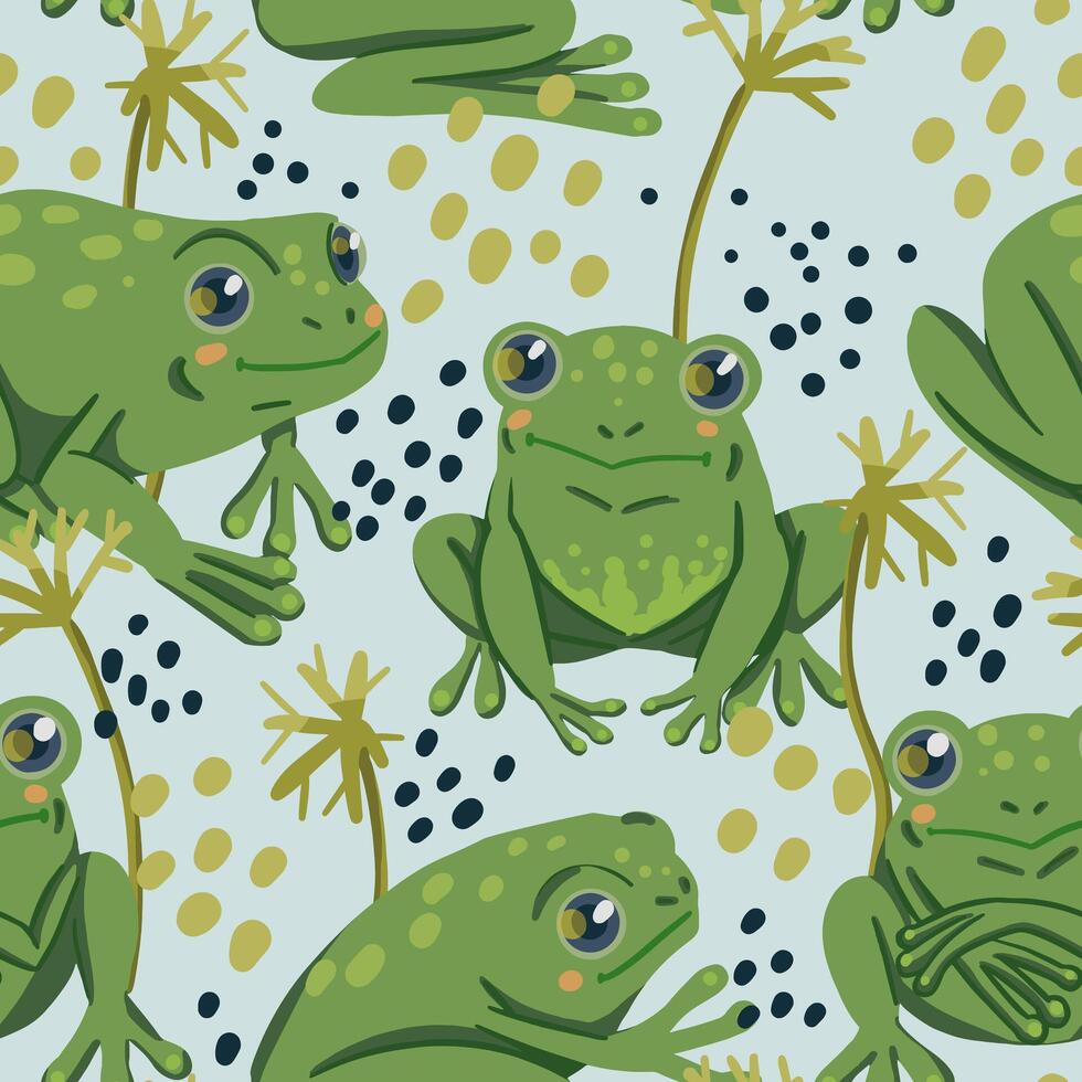 Cute frogs, swamp plants, random dots. Abstract vector seamless pattern. Colored cartoon ornament with animals. Funny design for print, fabric, textile, background, wallpaper, wrap, card, decoration.