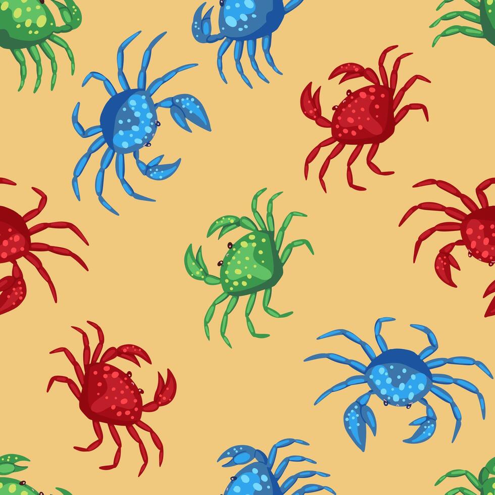 Cute, funny crabs. Abstract vector stock seamless pattern. Colored cartoon ornament with sea animals. Modern design for summer print, fabric, textile, background, wallpaper, wrapping, card, decor.