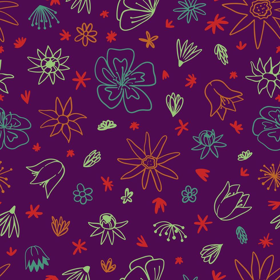 Floral hand drawn vector seamless pattern. Background with abstract flowers. Botanical ornament in doodles style.