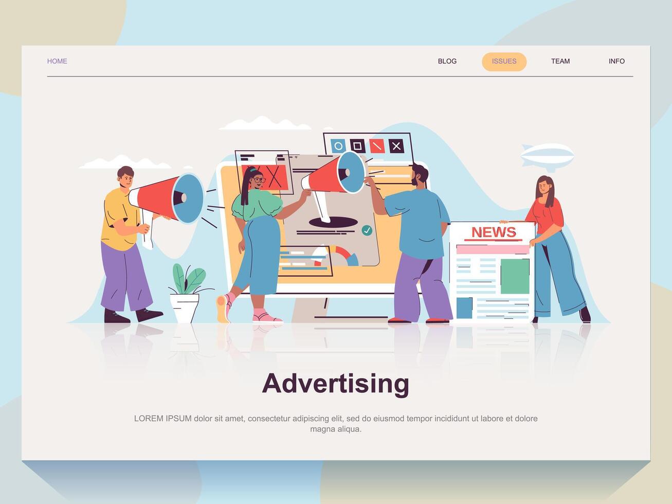 Advertising web concept for landing page in flat design. Man and woman with megaphones promoting product on social media and online news. Vector illustration with people scene for website homepage