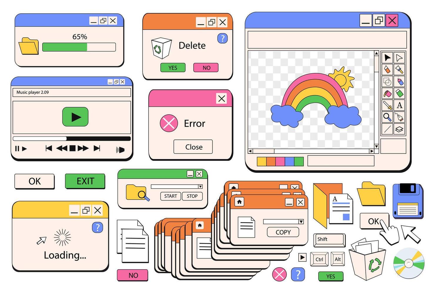 Windows browser objects mega set in graphic flat design. Bundle elements of 80s 90s retro style of computer windows of loading files, player and other templates. Vector illustration isolated stickers