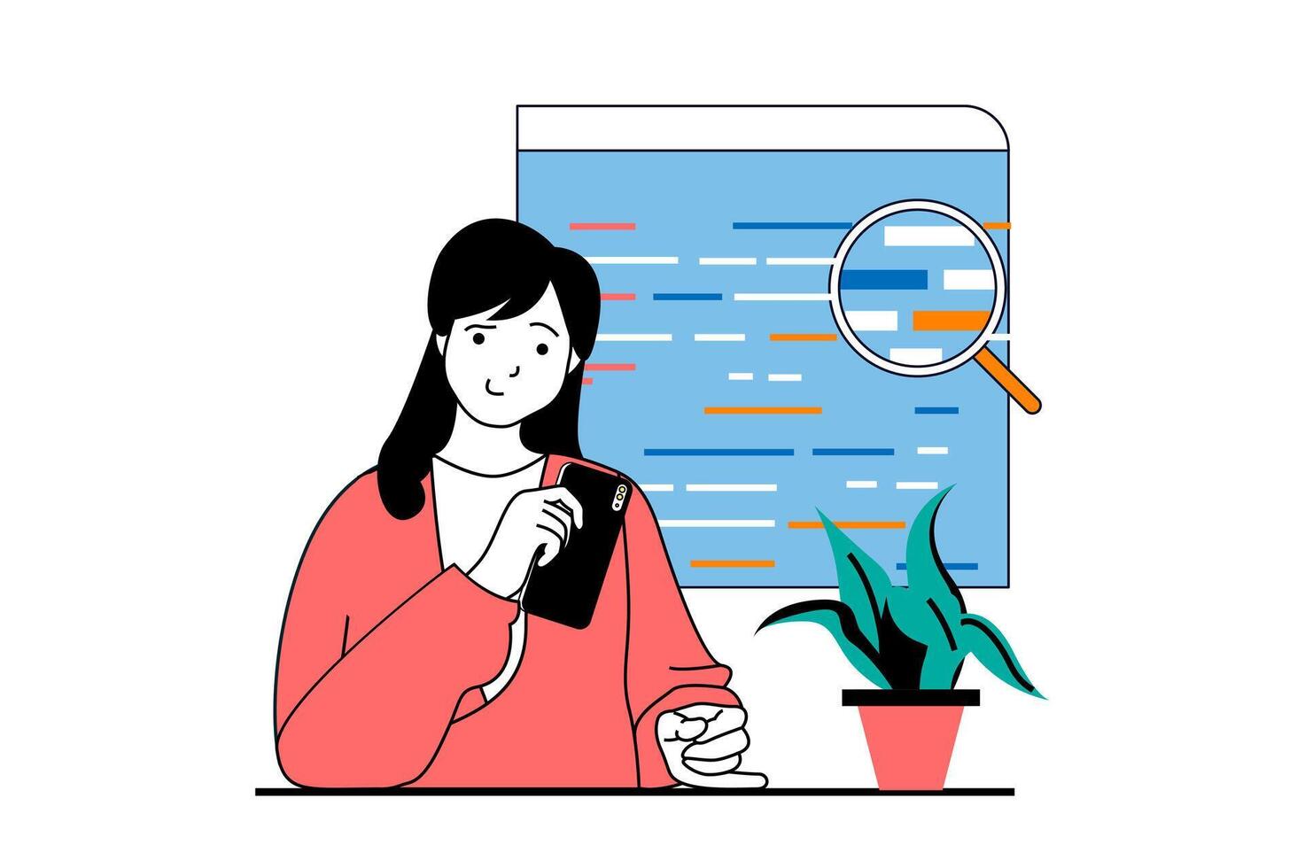 aplicación desarrollo concepto con personas escena en plano web diseño. mujer desarrollando aplicaciones, buscando y fijación error de programa código. vector ilustración para social medios de comunicación bandera, márketing material.