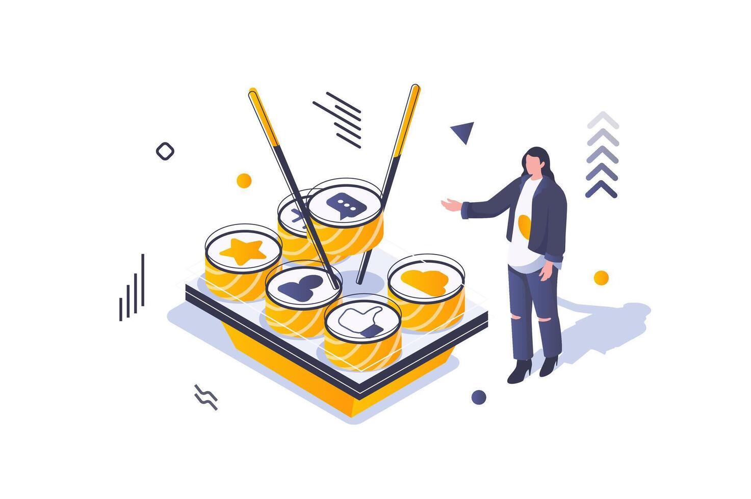 Social media concept in 3d isometric design. Woman blogging online, taking sushi and collecting likes hands, comments and new followers. Vector illustration with isometric people scene for web graphic