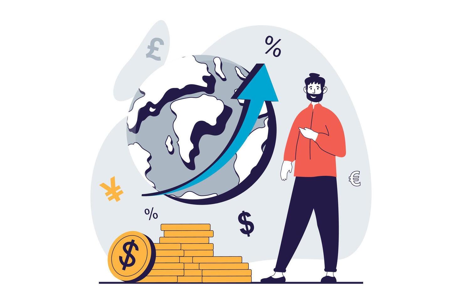 Global economic concept with people scene in flat design for web. Men analyzing worldwide market trends, creating investment strategy. Vector illustration for social media banner, marketing material.