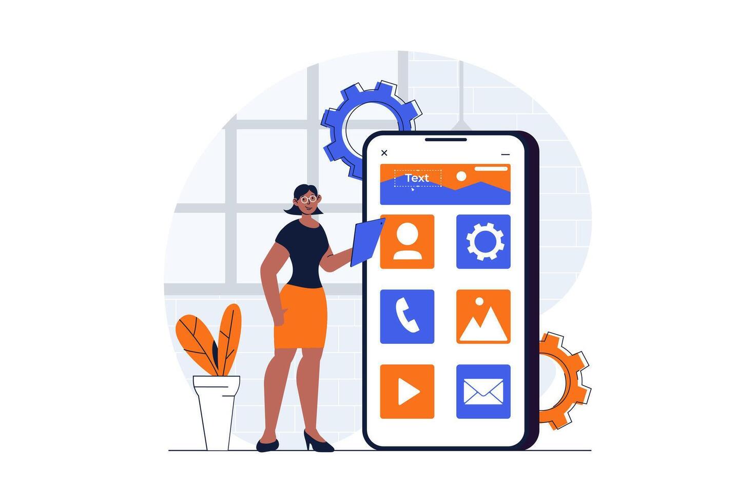 UI UX development web concept with character scene. Woman making wireframe template for mobile applications. People situation in flat design. Vector illustration for social media marketing material.