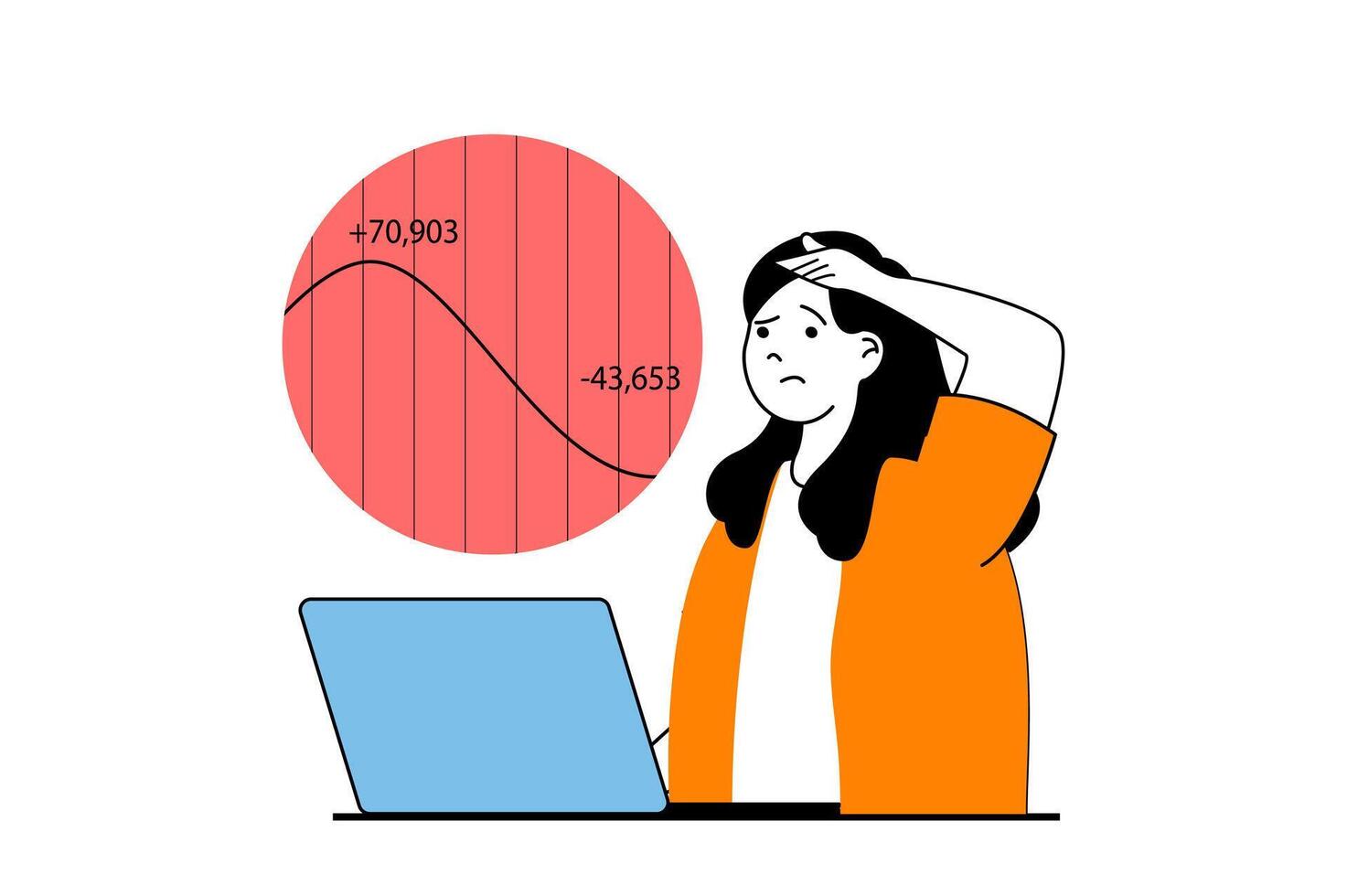 Crisis management concept with people scene in flat web design. Woman analyzing financial recession and monitoring stock market trends. Vector illustration for social media banner, marketing material.