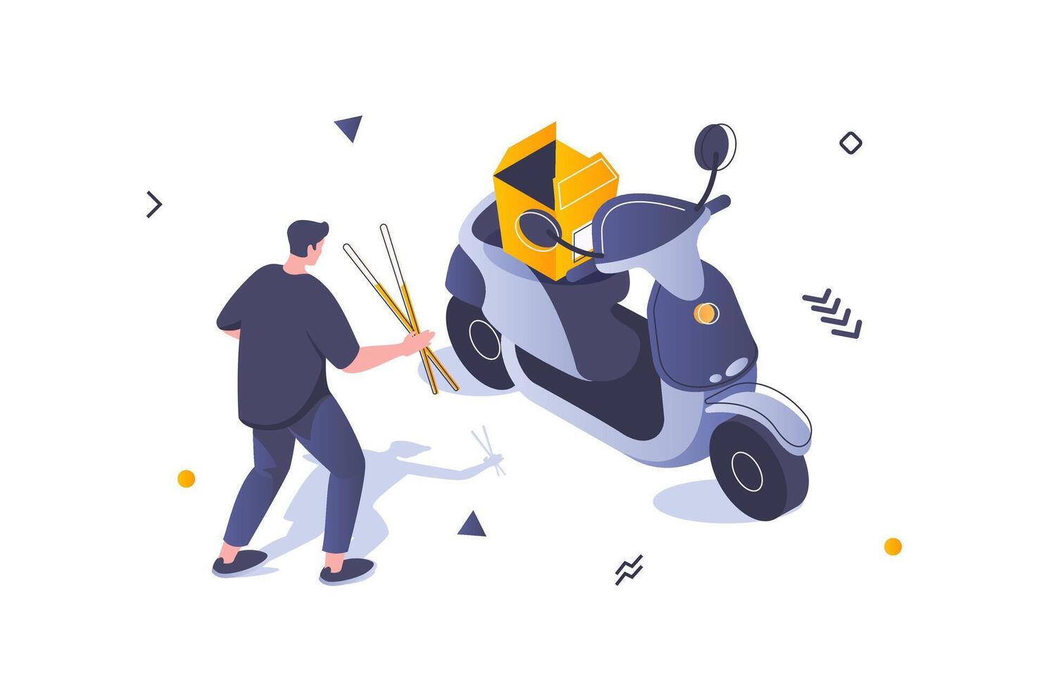 Food delivery concept in 3d isometric design. Man receives his order parcel from restaurant using fast courier shipping on scooter. Vector illustration with isometric people scene for web graphic