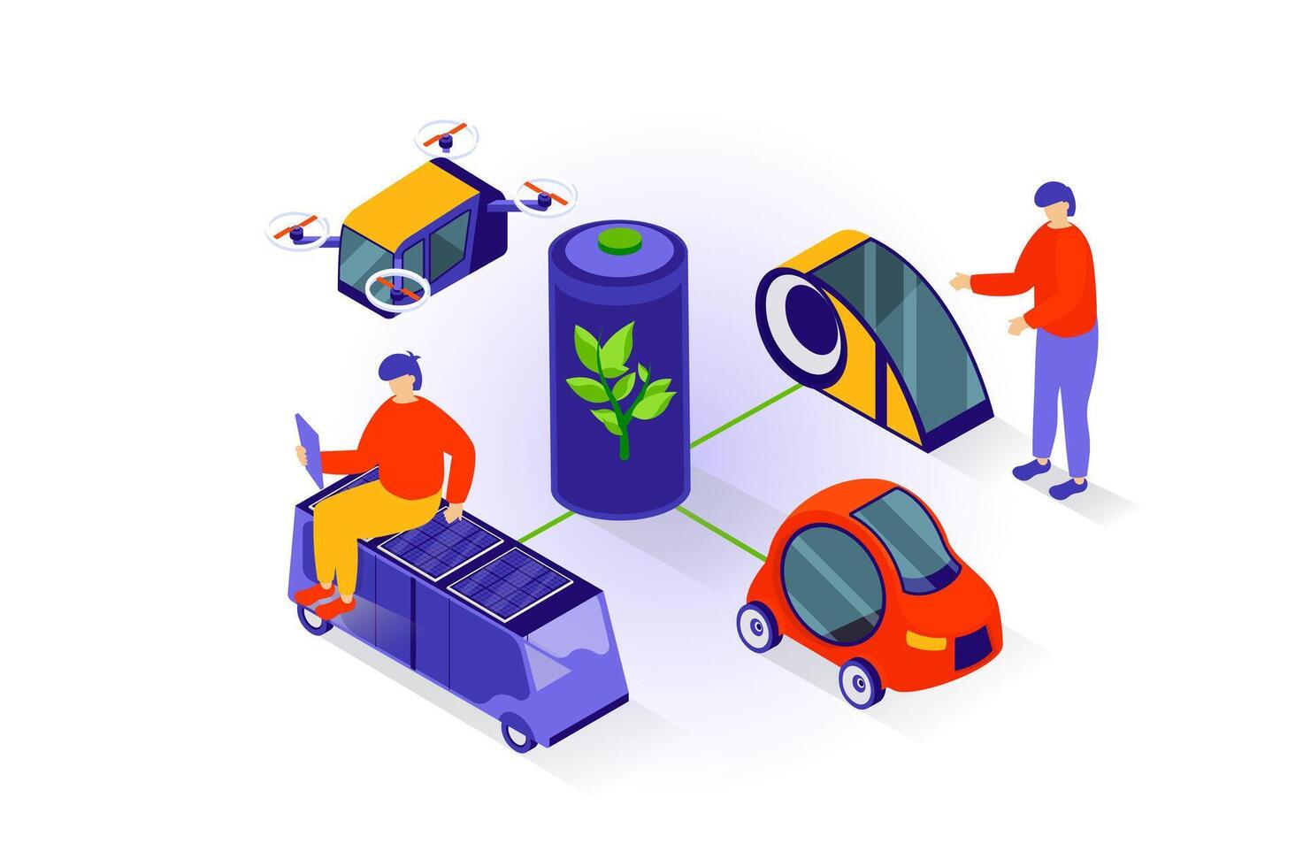 Eco lifestyle concept in 3d isometric design. People using clean green energy with recharge battery for charging electric cars and drones. Vector illustration with isometry scene for web graphic