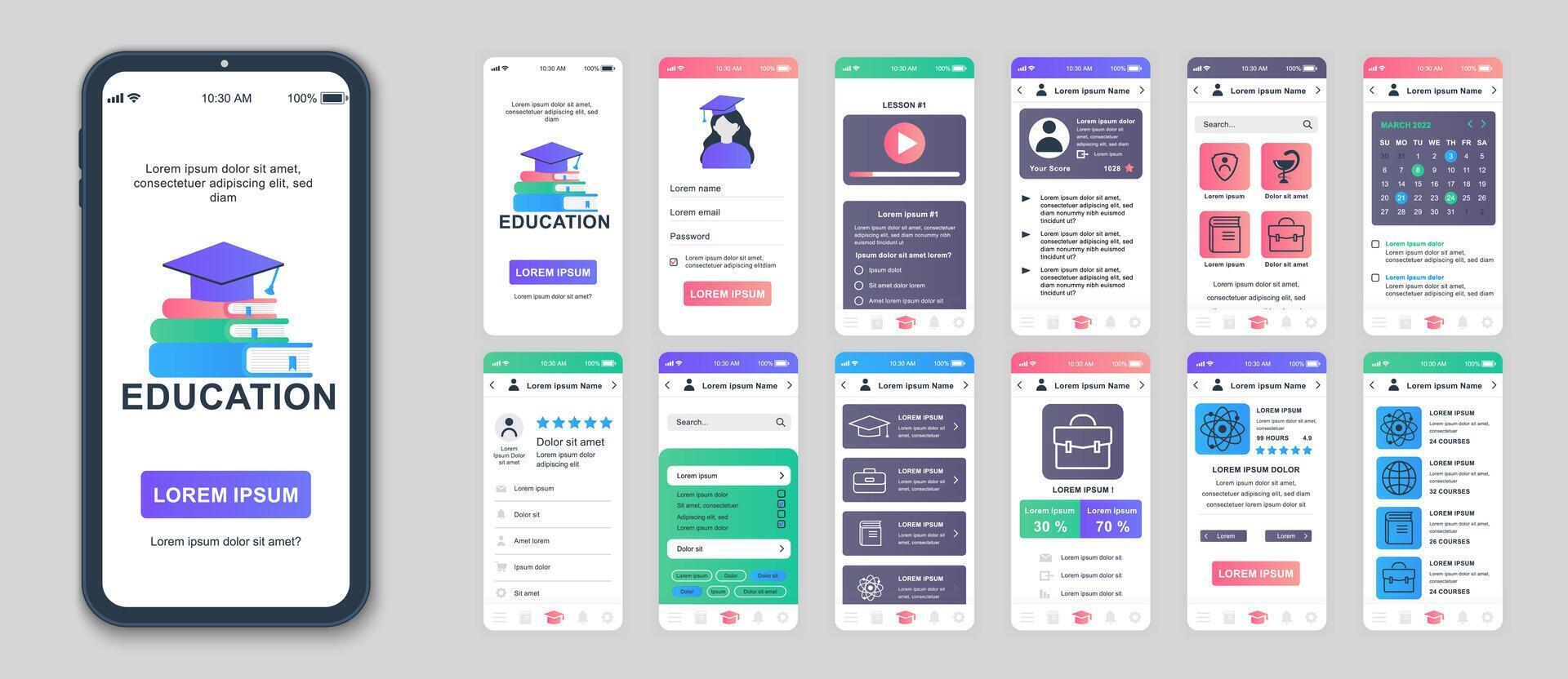 Education mobile app screens set for web templates. Pack of student profile, online lessons, science learning, progress statistic. UI, UX, GUI user interface kit for cellphone layouts. Vector design