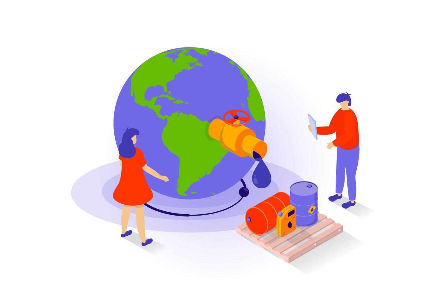Oil industry concept in 3d isometric design. People selling petroleum products and transporting in barrels and canister to global fuel market. Vector illustration with isometry scene for web graphic