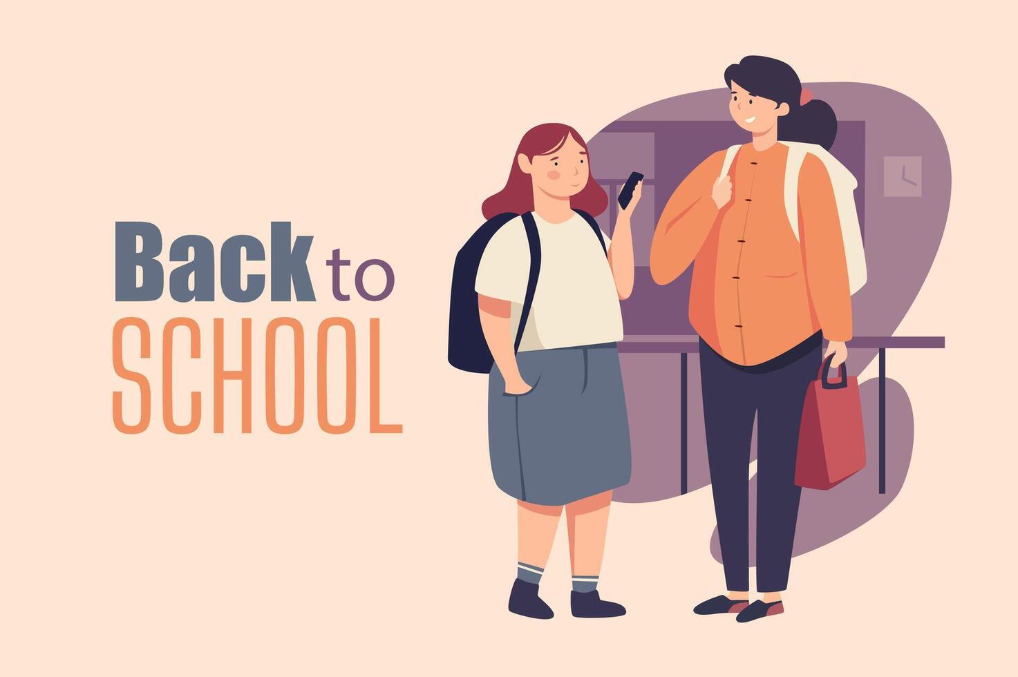 Back to school poster template in flat design. Banner layout with happy teens schoolgirls with backpacks standing together in classroom. Classmate students going to lessons. Vector illustration.