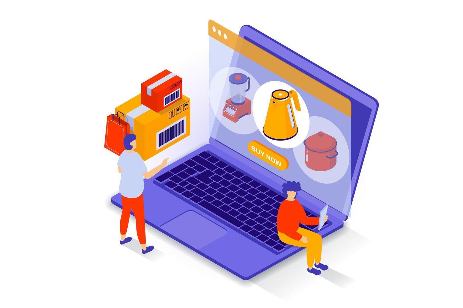 Online shopping concept in 3d isometric design. People choosing kitchen appliance at store assortment webpage, ordering and paying at laptop. Vector illustration with isometry scene for web graphic