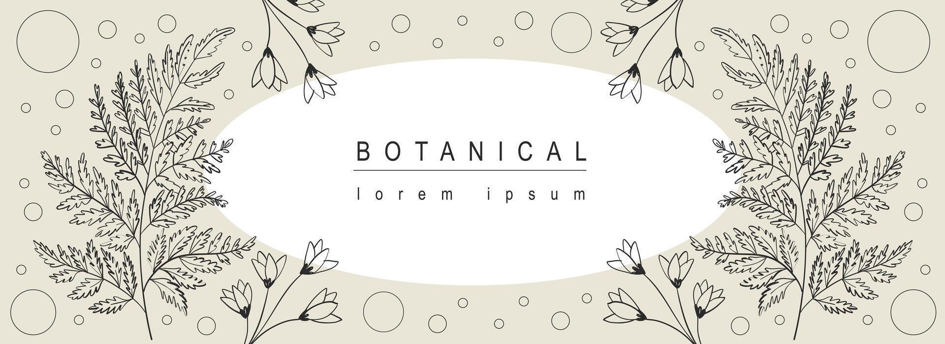 Botanical abstract background with floral line art design. Horizontal web banner with vignetting circle frame composition of spring blooming wildflowers and twigs with leaves. Vector illustration.
